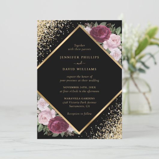 Geometrische zwarte Bourgogne Blush Gouden Bloemen Kaart (Staand voorkant)