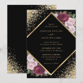 Geometrische zwarte Bourgogne Blush Gouden Bloemen Kaart (Voorkant / Achterkant)