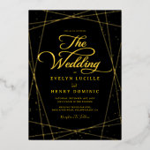 Geometrische Zwarte en Gouden Luxe Trouwdag Folie Uitnodiging (Voorkant)