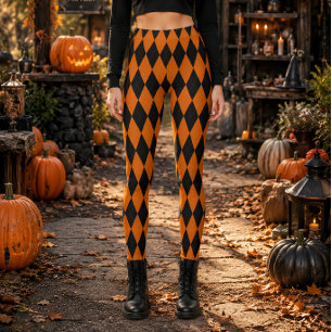 Geometrische Zwarte en Oranje Diamant Halloween Leggings