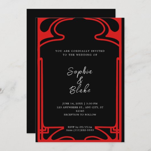 Geometrische zwarte en rode deco-bruiloft kaart (Voorkant / Achterkant)