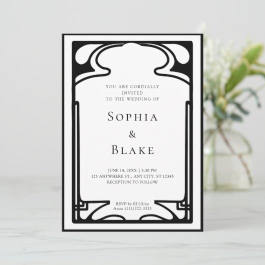 Geometrische zwarte en witte deco-bruiloft kaart (Staand voorkant)