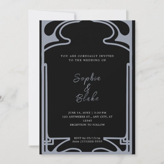 Geometrische zwarte en zilverkleurige deco-bruilof kaart (Voorkant)