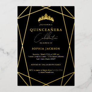 Geometrische Zwarte Gouden Elegante Quinceanera 15 Folie Uitnodiging
