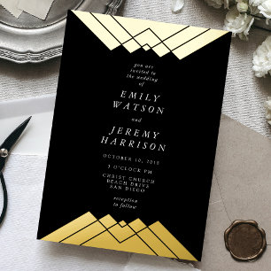 Geometrische Zwarte Gouden Gatsby Bruiloft Pers Folie Uitnodiging