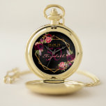 Geometrische zwarte goudfloralen voor de geboorte zakhorloge<br><div class="desc">Een geschenk of keepomwille voor een 50e of om het even welke leeftijdsverjaardag. Een zwarte achtergrond met een vals goud geometrisch lijst. Gedemoreerd met donkere paarse en bruine bloemen, rozen en boho-veren. Sjablonen voor een naam, leeftijd en datum. Geboortedatum of -datum van de partij. De naam wordt geschreven met een...</div>
