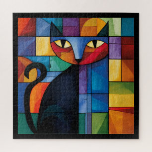 Geometrische Zwarte Kat Gebrandschilderd Glas Rast Legpuzzel