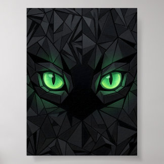 Geometrische Zwarte Kat met Smaragdgroene Ogen Poster