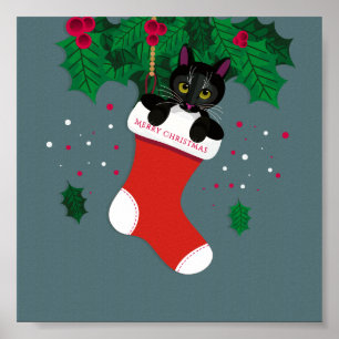 Geometrische zwarte kat zat in kerstmis. poster
