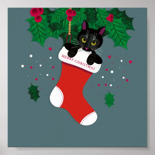 Geometrische zwarte kat zat in kerstmis. poster (Voorkant)