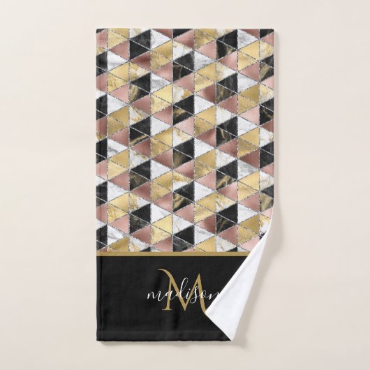 Geometrische zwarte monogram en Roos goudmarmer Bad Handdoek (Handdoek)