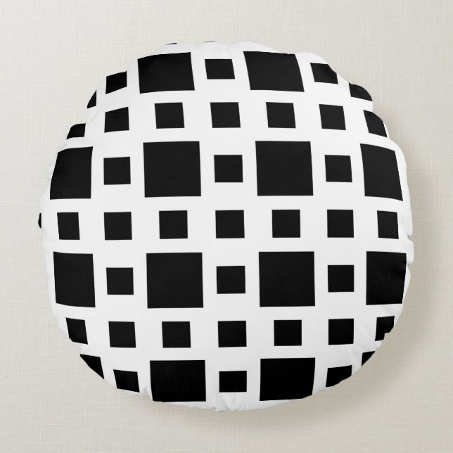 Geometrische Zwarte Vierkanten Rond Kussen (Voorkant)
