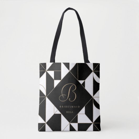 Geometrische zwarte, witte en gouden monogram brui tote bag (Voorkant)