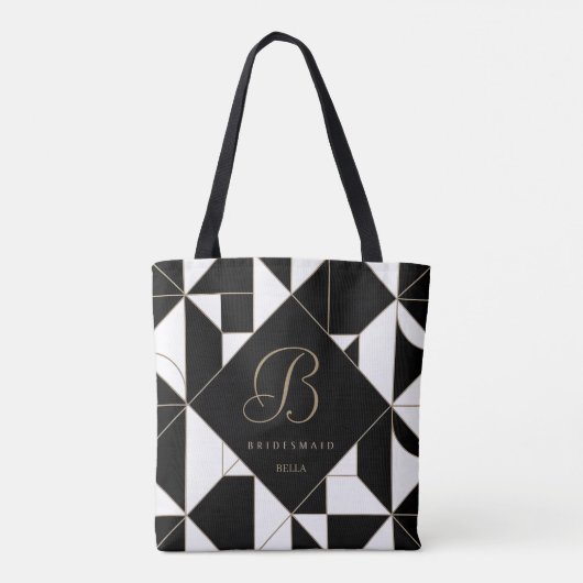 Geometrische zwarte, witte en gouden monogram brui tote bag (Achterkant)