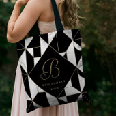 Geometrische zwarte, witte en gouden monogram brui tote bag