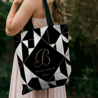 Geometrische zwarte, witte en gouden monogram brui tote bag