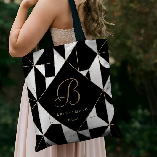 Geometrische zwarte, witte en gouden monogram brui tote bag