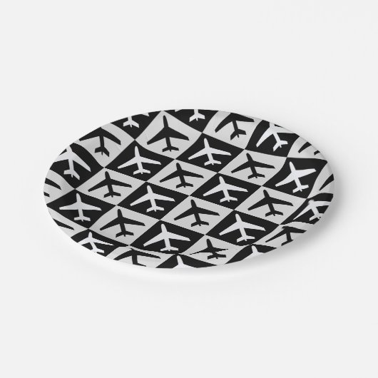 Geometrische zwarte witte luchtvaart jets vliegtui papieren bordje (Gekanteld)