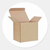 Geopende kartonnen doos ronde sticker (Voorkant)