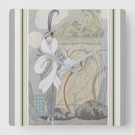 George Barbier Art Deco Wall Clock Vierkante Klok (Voorkant)