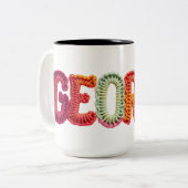 GEORGE Naam in Levendig Haakpatroon Tweekleurige Koffiemok (Voorkant links)