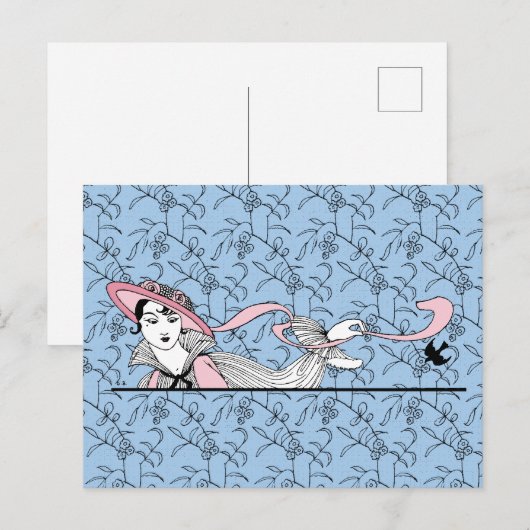 Georges Barbier 1920 Mode Lady en Bird Briefkaart (Voorkant / Achterkant)