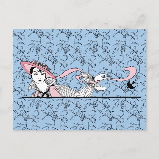 Georges Barbier 1920 Mode Lady en Bird Briefkaart (Voorkant)