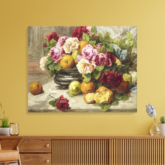 Georges Jeannin still Life of Rozen and Fruit Canvas Afdruk (Insitu (Woonkamer))