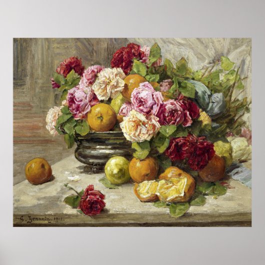 Georges Jeannin still Life of Rozen and Fruit Poster (Voorkant)
