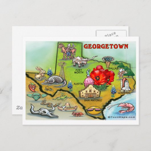 Georgetown Texas Cartoon Map Briefkaart (Voorkant / Achterkant)