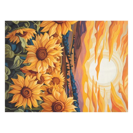 Georgia O Keefe stijl gele zonnebloemen bij zonsop Tafelkleed (Voorkant (Horizontaal))