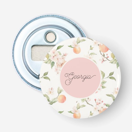 Georgia Perzik Hart Fruit Bloem Roze Cirkel Button Flesopener (Voorkant)