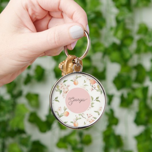 Georgia Perzik Hart Fruit Bloem Roze Cirkel Sleutelhanger (Hand)