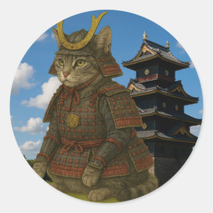Gepantserde Cat Warrior Illustratie Ronde Sticker