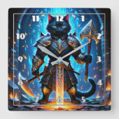 Gepantserde Cat Warrior in een mystieke setting Vierkante Klok (Voorkant)