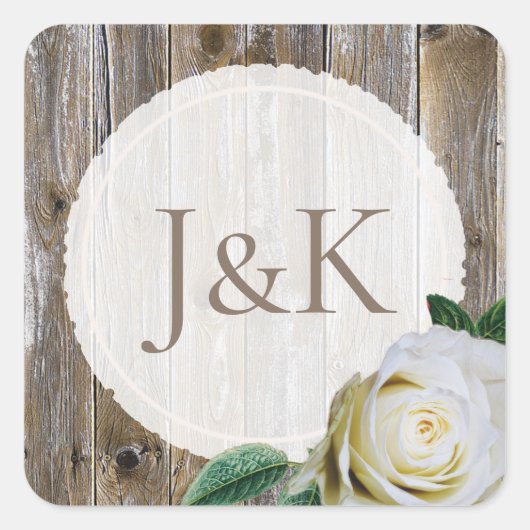 Geparineerde Rustic Wood White Rose Wedding Sticke Vierkante Sticker (Voorkant)