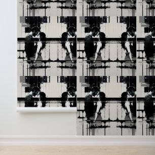 Gepassioneerd paar omarmen in zwart en wit behang