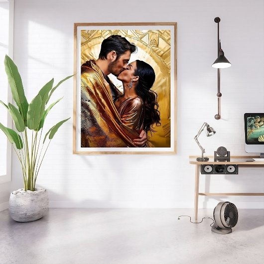 Gepassioneerd paar zoenen in Golden Design ❤️ Perfect Poster