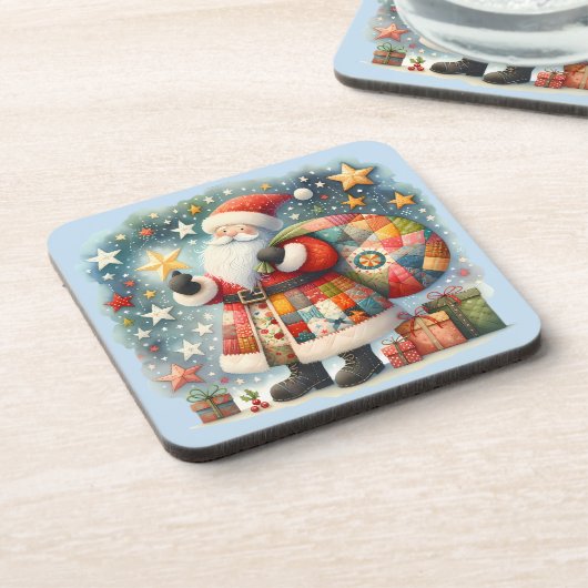 Gepatchworkte Santa met Kerststerren Bier Onderzetter (Linkerzijde)