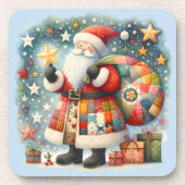 Gepatchworkte Santa met Kerststerren Bier Onderzetter (Voorkant)