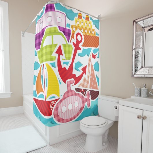 gepatterde boten, onderzeeboten, zeilboten, sleepb douchegordijn (In situ)