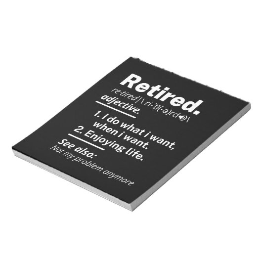 gepensioneerd. definitie grappige pensionering notitieblok (Linkerzijde)