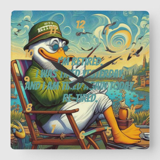 Gepensioneerd en ontspannen vierkante klok (Voorkant)