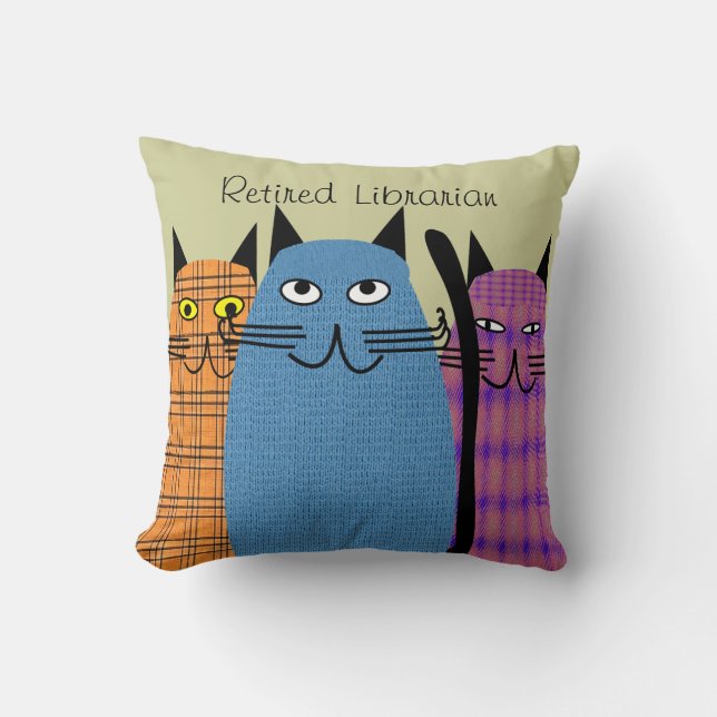 Gepensioneerd Librarian Folk Cats PIllow Kussen (Voorkant)