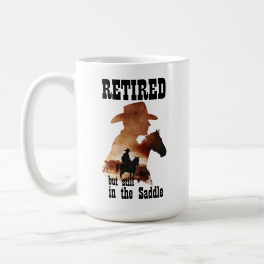 Gepensioneerd nog steeds in het zadel Westerne pen Koffiemok (Links)