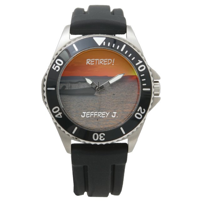 Gepensioneerd! Polshorloge Gevist boot, zwart band Horloge (Voorkant)