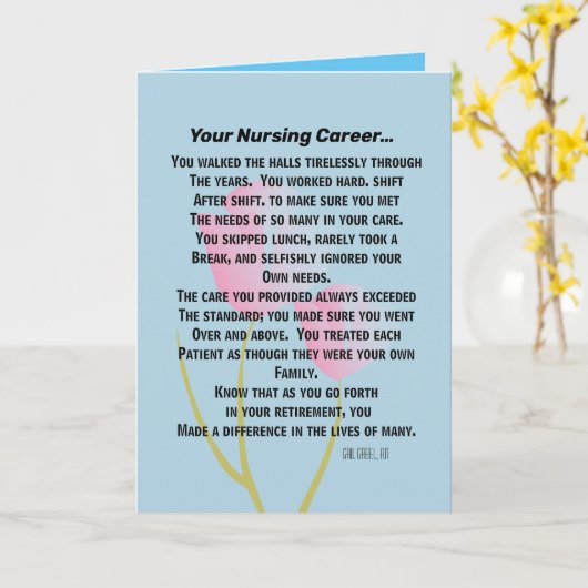 Gepensioneerd verpleegkundig gedicht Wenskaart #2 Kaart (Gele Bloem)