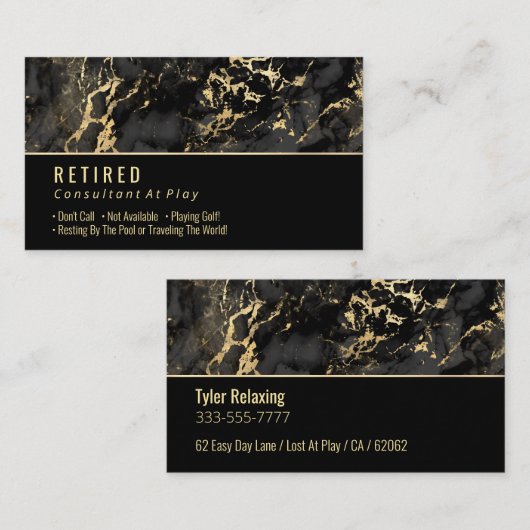 Gepensioneerd, Zwart & Goud Marmer op Zwarte Gag Visitekaartje (Voorkant / Achterkant)