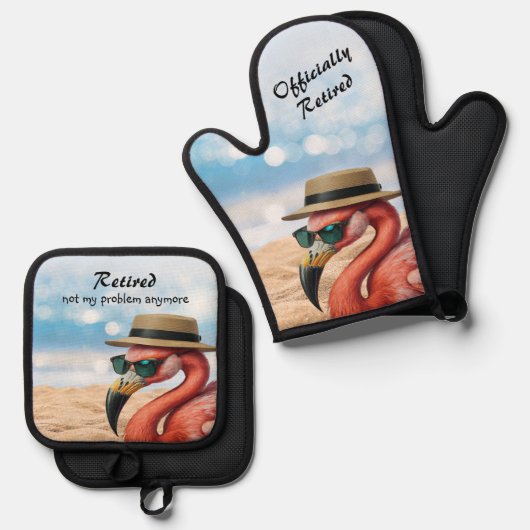 Gepensioneerde Flamingo op het strand met Pet & Zo Ovenwant & Pannenlap Set (Voorkant / Achterkant)