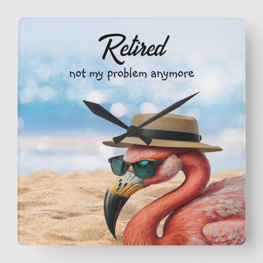 Gepensioneerde Flamingo op het strand met Pet & Zo Vierkante Klok (Voorkant)